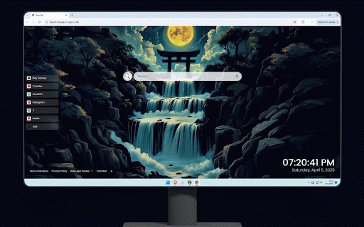 Moonlit Waterfall Live Wallpaper :: Sacred torii gate crowns cascading waterfall beneath brilliant golden moon.