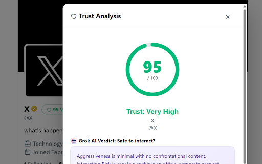X Account Trust Scorer :: Xのプロフィールに「信頼度」ボタンを追加。Grok AIが投稿内容を分析し、関わって大丈夫な相手かを100点満点で採点します。