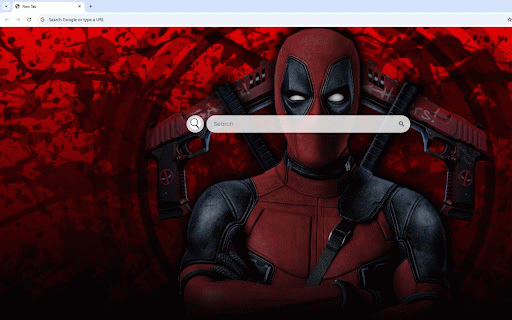 Deadpool Live Wallpaper :: Deadpool stands with crossed arms against a blood-red background with splatters, as two guns spin behind him in a circle.