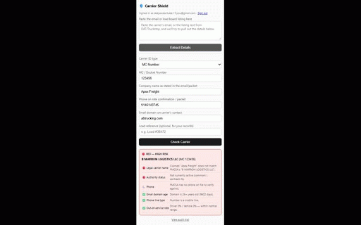 Carrier Shield :: Check a carrier for fraud signals before you book.