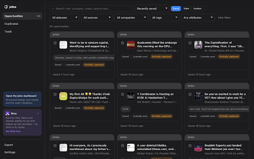 jobo — save jobs from anywhere :: Save job opportunities from anywhere with one click, then organise, track and export them. Local-first and private by default.