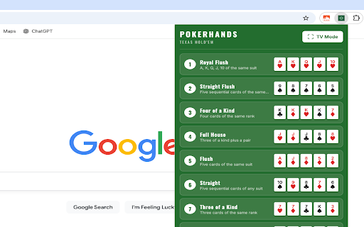 PokerHands - Texas Hold'em :: Quick reference for Texas Hold'em poker hand rankings. Popup for quick checks, fullscreen for game nights.