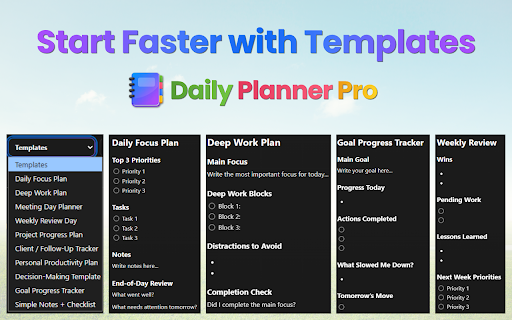 Daily Planner Pro — Work Notebook & Task Organizer :: A private, offline work notebook with daily planner pages, North Star notes, templates, search, autosave, and dark/light mode.