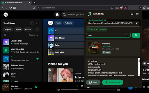 Syncrics - Lyrics Downloader :: Fetch synced and unsynced lyrics from Spotify tracks, albums, and playlists. Save as LRC files.