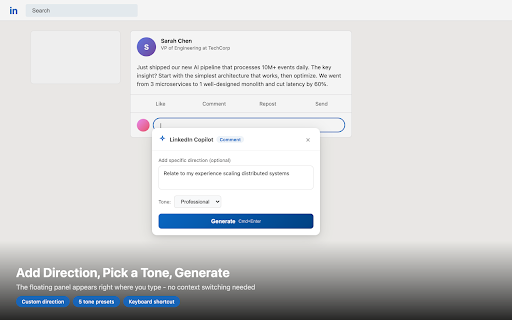 LinkedIn Copilot :: AI writing assistant for LinkedIn. Generate smart comments, cold DMs, and posts with one click.