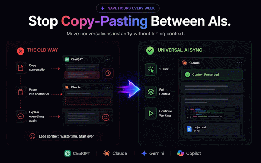 Universal AI Sync :: Sync, mirror, and export conversations between ChatGPT, Claude, and Gemini in real-time.