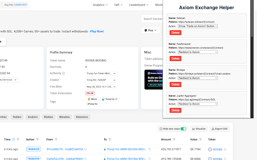 Axiom Trade Exchange Helper :: Manages Solana contract URLs and redirects to Axiom Trade or shows a trade button. Unofficial Axiom Chrome Extension