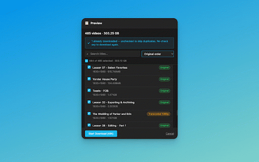Bulk Downloader for Vimeo · Original Quality :: Bulk-download your entire Vimeo library at original upload quality — the only tool that goes beyond Vimeo's compressed versions.