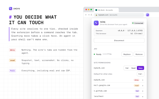 reins :: Drive your real, logged-in browser from your coding agent (via the reins CLI).