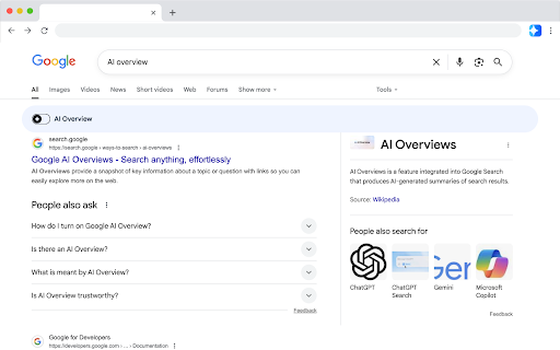 AI Overview Toggle :: Remove Gemini section from your Google Search Results. Hide or show AI overview in your search results easily with the Toggle.