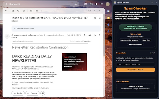 SpamChecker :: Local-first phishing signals for Gmail.