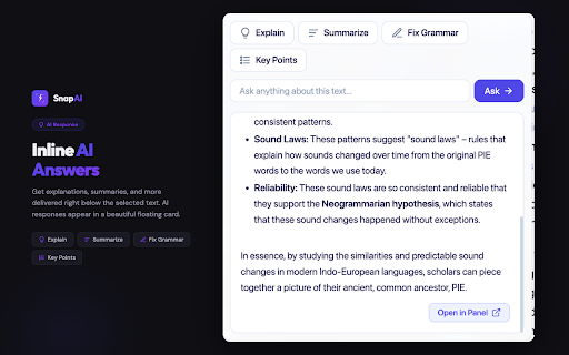 SnapAI :: Select text on any webpage and instantly get AI-powered explanations, summaries, translations, and more.