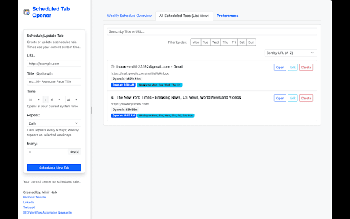 Scheduled Tab Opener :: Schedule webpages to open automatically at set times.