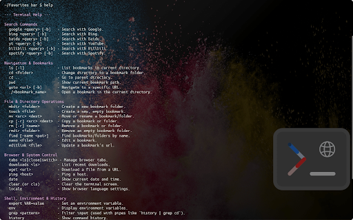 Start Terminal :: Replace the default New Tab page with a terminal-like interface.