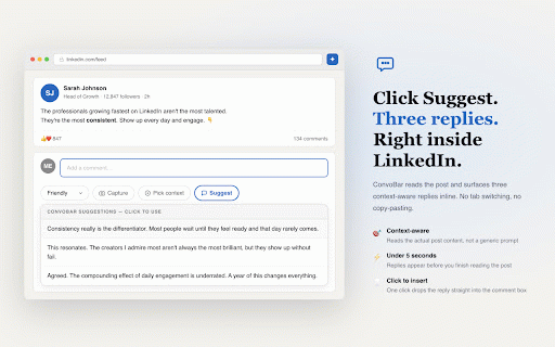 ConvoBar.com :: Suggests thoughtful responses on LinkedIn, X, and online communities.