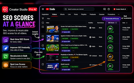 Creator Studio Pro AI - SEO & Subtitles for YouTube :: Auto-generate subtitles and optimize title and description SEO scores inside YouTube Studio using AI.