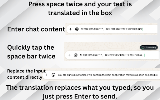 WhatsApp Translator - Double-Space, Send :: Translate WhatsApp messages instantly. Type in your language, press space twice, and send in theirs.