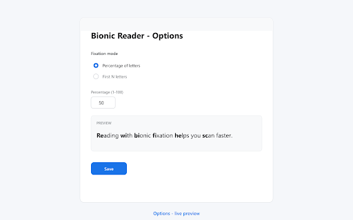 Bionic Reader :: Bold the start of each word on any page for easier, faster reading.