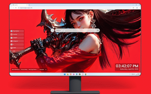 Red Samurai Anime Girl Live Wallpaper :: A dark-haired warrior in red kimono wields a massive demon blade against a bold crimson backdrop.