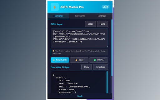 JSON Master Pro :: Professional JSON formatter and converter with auto-formatting, syntax highlighting, and code generation.