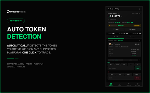 Untaxed Wallet :: Instantly trade Solana tokens from your browser sidebar across popular trading platforms — with zero platform markup.