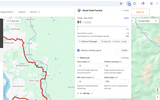 Hover Street View for RideWithGPS — preview cycling routes :: Hover over a RideWithGPS route to preview Google Street View. Scout entire cycling routes without dragging the pegman.