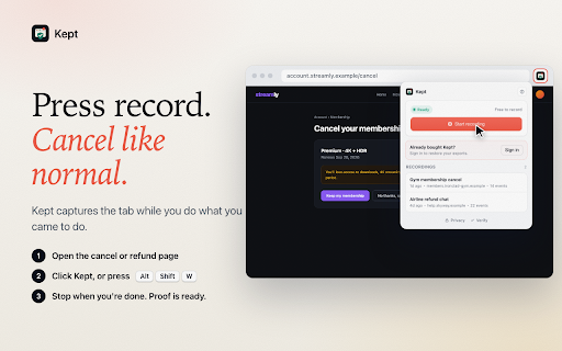 Kept - Session Recorder for Cancellations & Refunds :: Record proof of online cancellations, refunds, and support chats. Save screen recordings, screenshots, and receipts on your device.