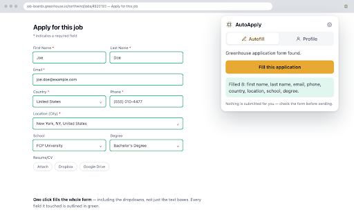 AutoApply by FreeCareerPath.com :: Fill job applications from details you save once. Never submits anything for you.