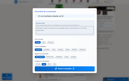 MyCommentAI :: Extension Chrome pour générer automatiquement des commentaires pertinents sur LinkedIn grâce à l'intelligence artificielle.