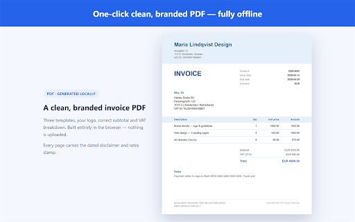 VAT Invoice Generator :: Build a branded VAT invoice and export it as a clean PDF. Fully offline core. Not tax advice.