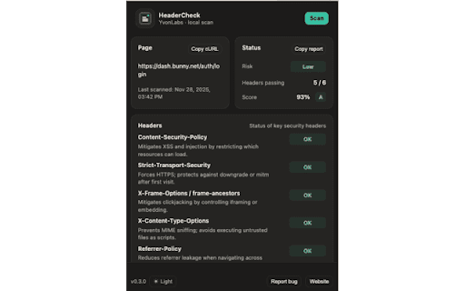 HeaderCheck :: Local security header audit. Runs offline. Made by YvonLabs.