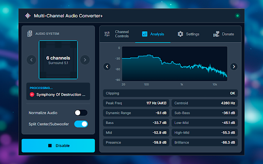Stereo amplifier & true surround sound converter to 5.1 :: Converts stereo to true surround sound (5.1+). Also enhances Stereo 2.0 with EQ and Normalizer. Works on any site, even protected.