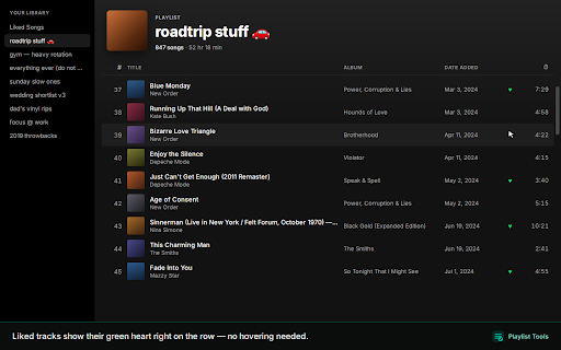 Playlist Tools for Spotify :: Search, sort, shuffle, clone, back up & restore playlists. Filters, bulk edits, Liked Songs - and the classic heart icon is back.