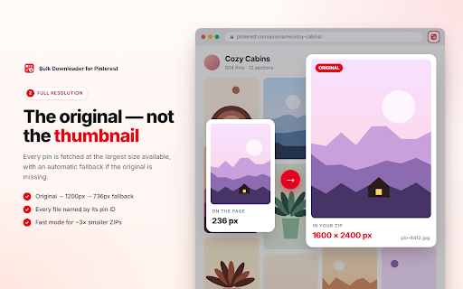 Bulk Downloader for Pinterest :: Auto-scrolls a board, grabs every pin at full resolution, and saves them all as one ZIP. No account, no server, no upload.