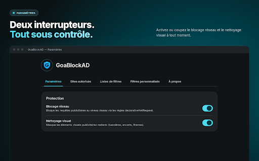 GoaBlockAD :: Simple, effective ad blocker: blocks ad and tracker requests, hides leftover ad slots and removes YouTube ads.
