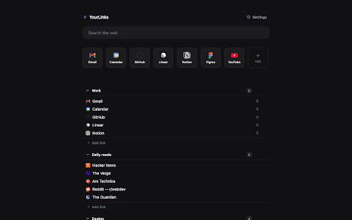 YourLinks :: Turn your Chrome bookmarks into a customizable new-tab homepage. Organize into folders, pin favorites, and find duplicates.