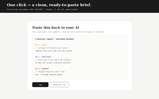 Stet — Annotate, Revise :: Select text on any page, tag it, and export a clean markdown brief to paste straight back into Claude or any LLM. Formerly Margin.
