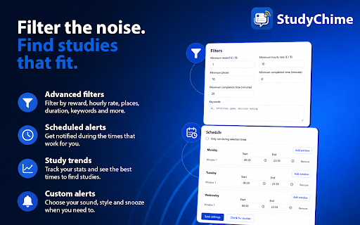 StudyChime - Prolific Study Alerts :: Get instant Prolific study alerts in Chrome or on your phone through Discord, Telegram or Pushover.