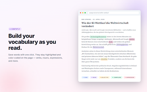 Contxtly :: Translate words in context as you browse. Save vocab and review with spaced repetition to learn languages naturally, all for free.