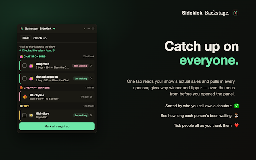 Backstage Sidekick: a Whatnot Mod Tool :: Free Whatnot moderator tools: one-tap chat phrases, sizes and emoji, a who-to-thank list for raids and tips, and prebid alerts.