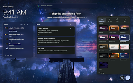 Firstlight — New Tab Dashboard: Widgets, To-Do, Weather :: A calm, customizable New Tab: drag-and-drop widgets for search, weather, to-do, habits, pomodoro, notes, RSS, and Google apps.
