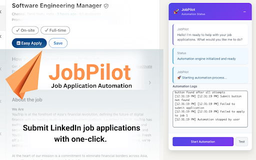 JobPilot :: JobPilot allows one-click application submission across major job portals while automatically tracking applications.