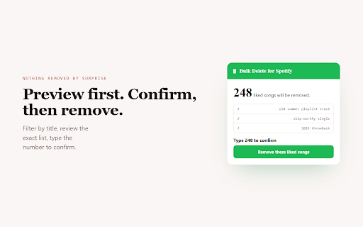 Bulk Delete for Spotify :: Bulk unlike your Spotify Liked Songs: filter, preview, and remove many at once. Runs in your browser, no account needed.