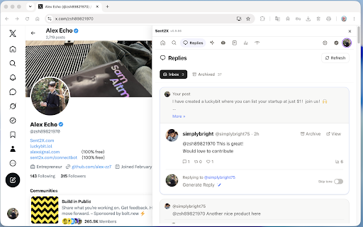 Sent2X for X :: X scheduler + AI replies on desktop. Find posts worth replying to, draft in X's own box. Free: 10 posts/mo.