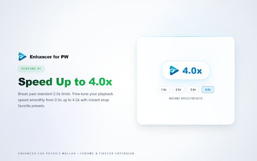 Enhancer for Physics Wallah :: Supercharge your PhysicsWallah lectures! Custom video speeds up to 4.0x, Picture-in-Picture, and 1-click decluttering on pw.live.