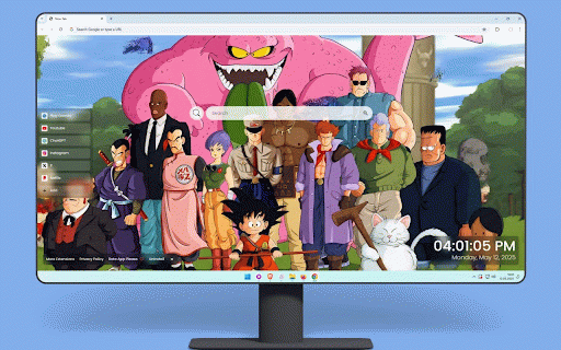 Dragon Ball Live Wallpaper :: Young Goku with Power Pole surrounded by original Dragon Ball characters with Majin Buu looming behind.