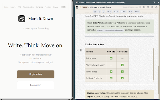 Mark It Down — Markdown Editor & Web Clipper :: Clip pages, AI chats, and RSS articles to Markdown. Edit in New Tab & Side Panel. Export PDF, DOCX, PNG. Local-first.