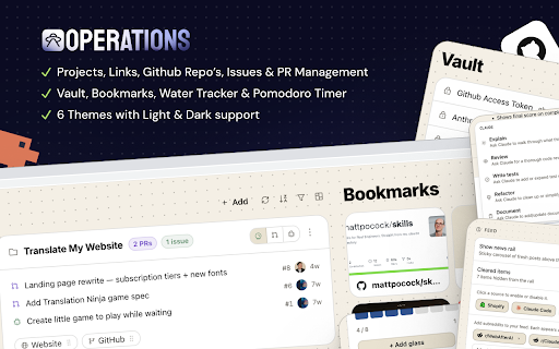 Operations: Command Center for Every New Tab :: Replace your new tab with a personal dashboard: GitHub, projects, credentials, notes, and bookmarks.
