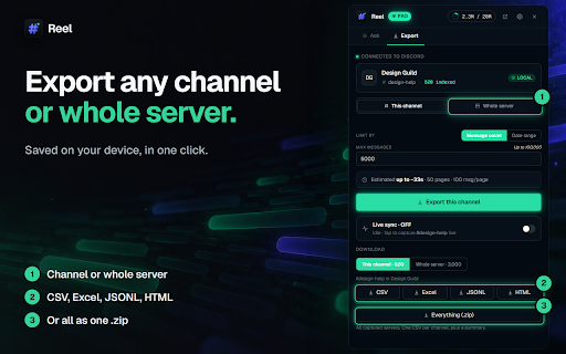 Reel - Discord AI Agent & Chat Exporter :: Ask AI about any Discord server inside Discord. 3 free questions. Discord chat export to Excel, CSV. Not affiliated with Discord.