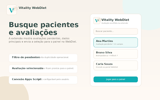 Vitality WebDiet Painel :: Integra o Vitality ao WebDiet para selecionar pacientes, abrir relatórios e preencher avaliações corporais automaticamente.